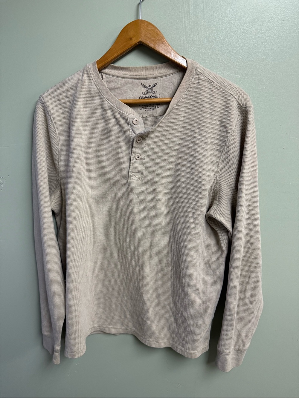 Faded Glory Men's Long-Sleeve Waffle Henley in Light Beige